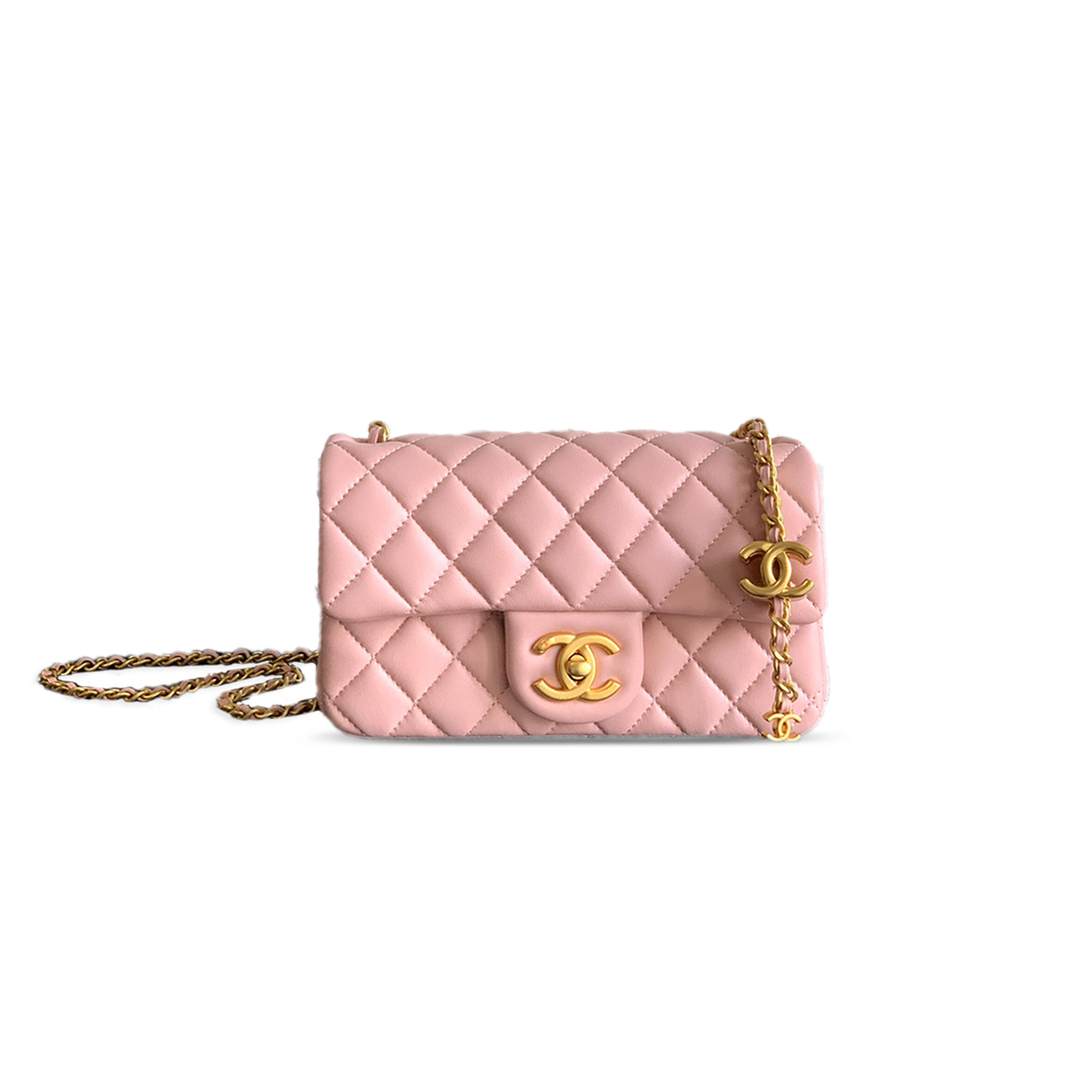 CHANEL MINI FLAP BAG SHINY LANBSKIN IN SAKURA POWDER AS5759 (20*13*7cm)